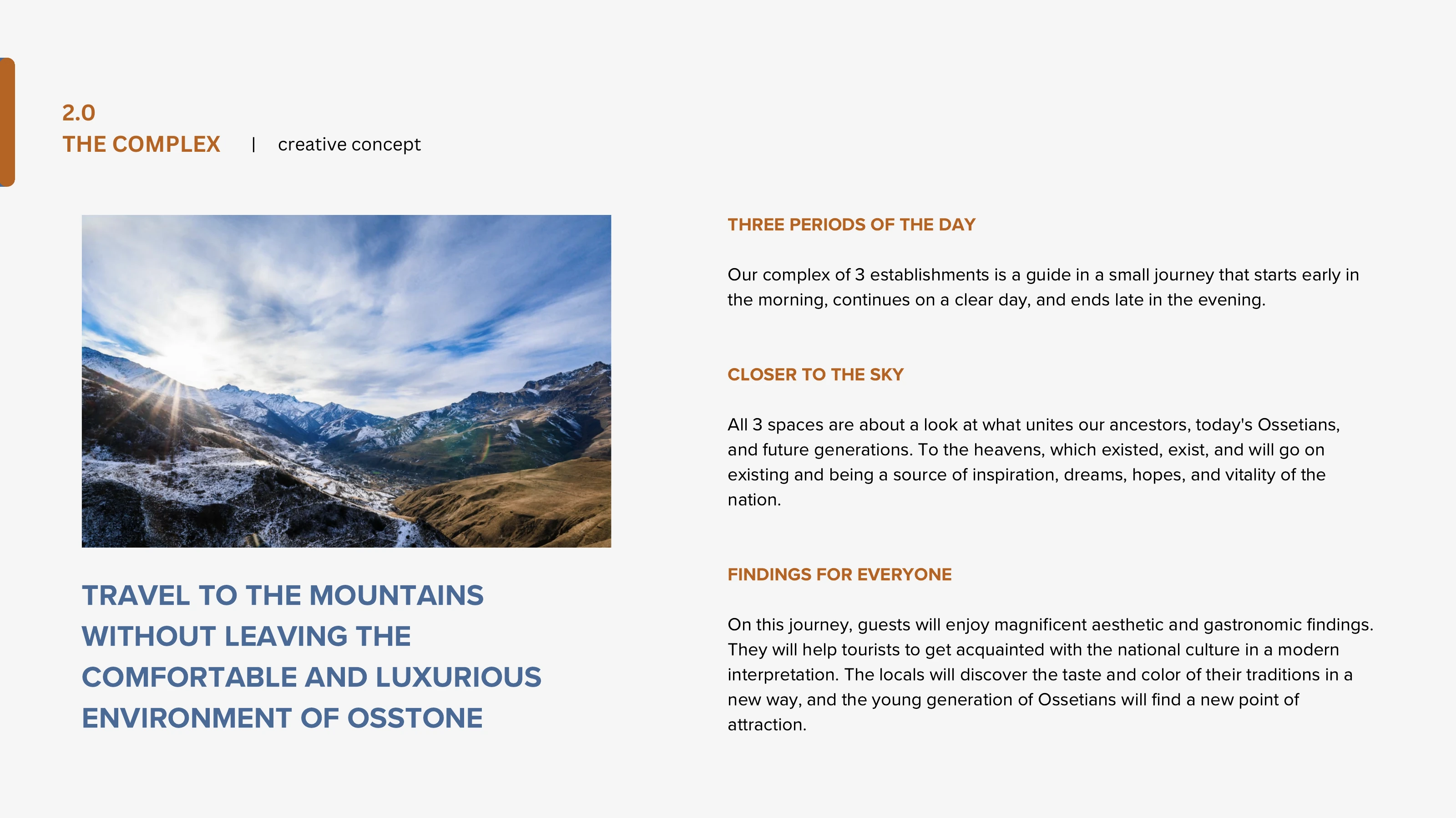 Slide 6 of the original OsStone HoReCa concept deck: three times of day, cultural context, mountain setting and guest experience.