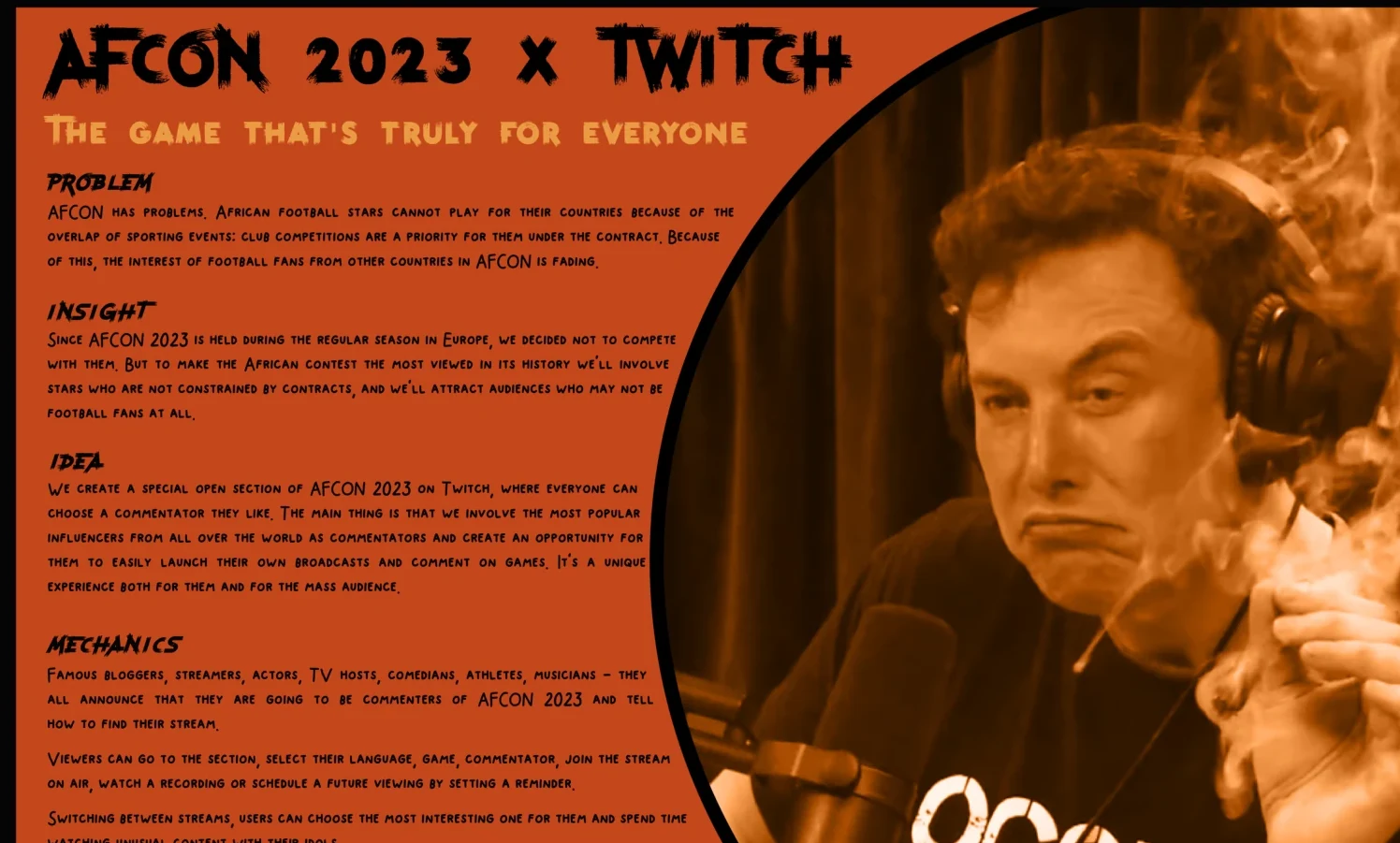 AFCON x Twitch creative concept presented for Young Glory, original project slide